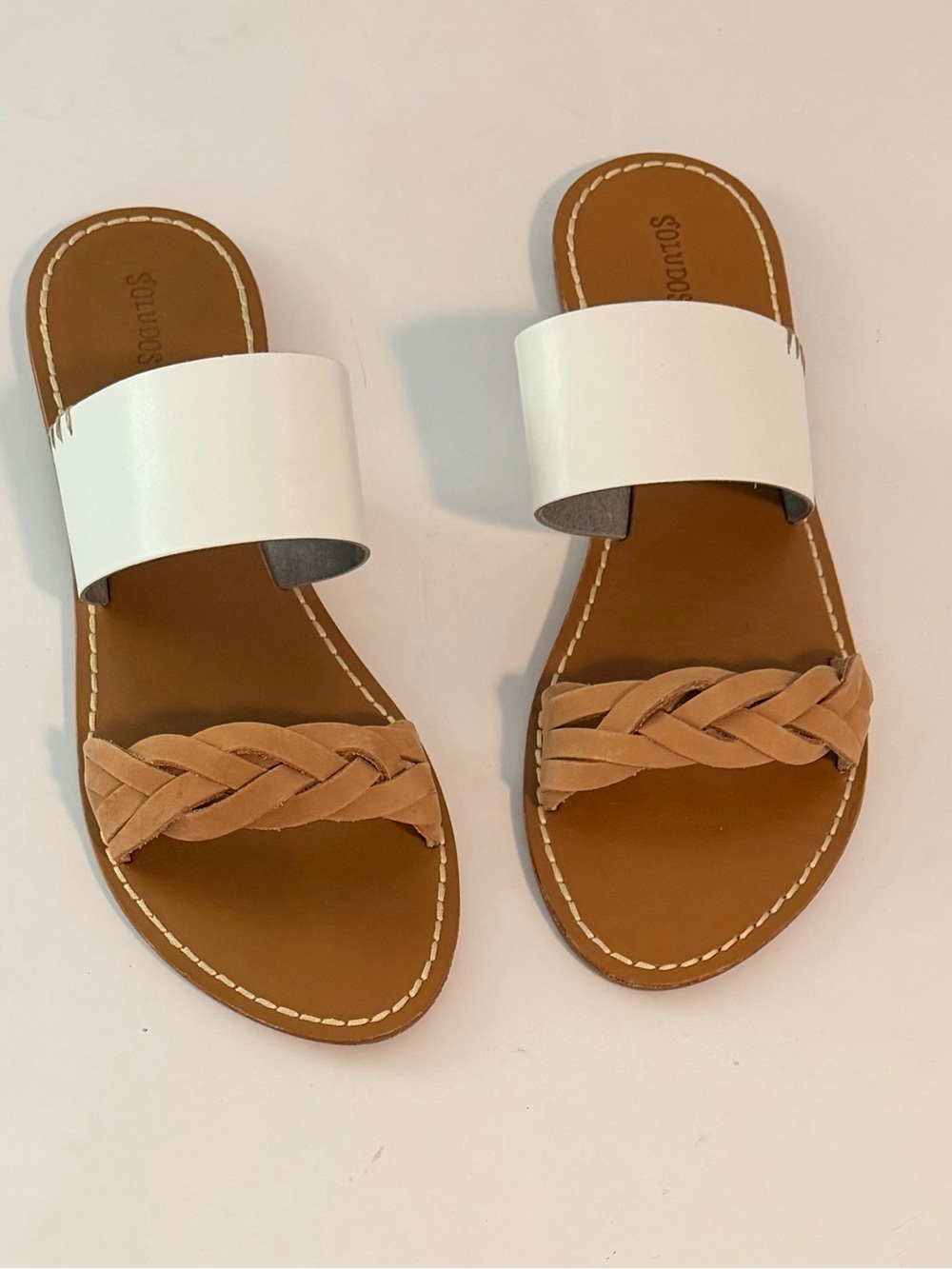Soludos Braided Slide Sandals - White/Tan Leather - Women’s Size 9